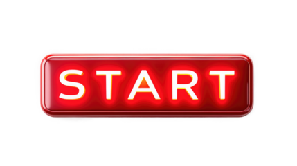 neon red inscription start, long rectangular 3D button, luminous , on a white background,png