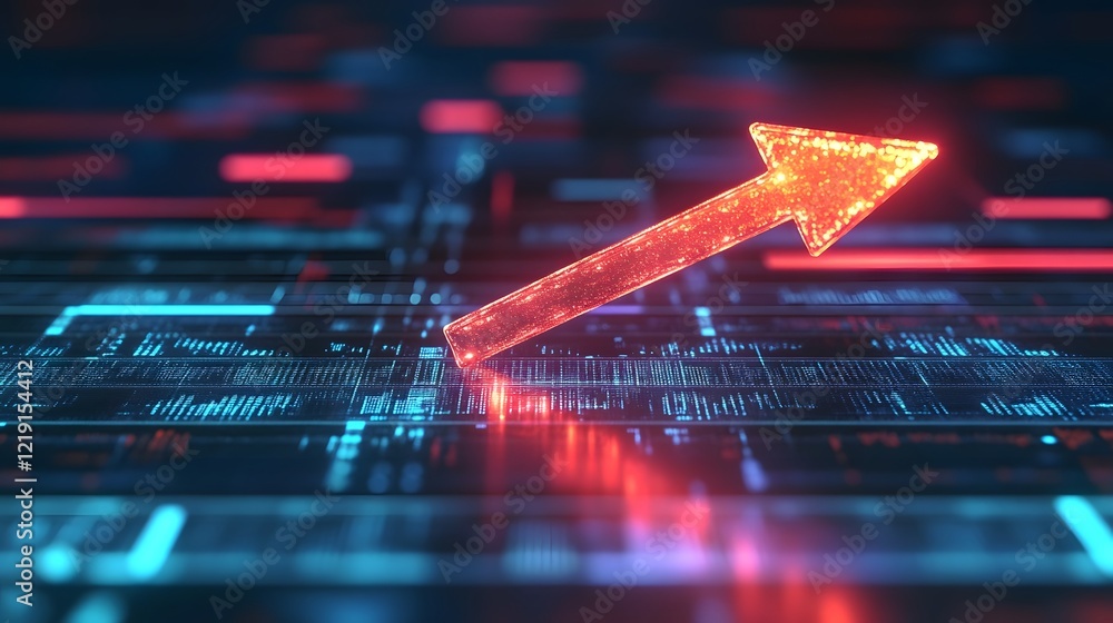 Poster glowing digital arrow rising above data analytics charts representing upward trends and business
