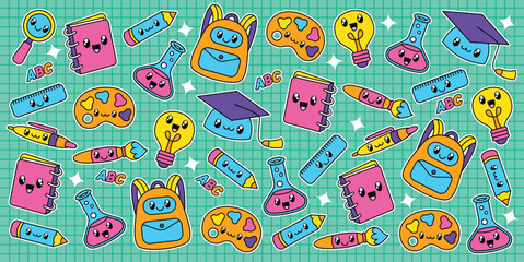 Set of cute kawaii back to school element pattern background