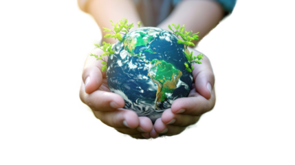 green planet earth with nature and trees in hands,png