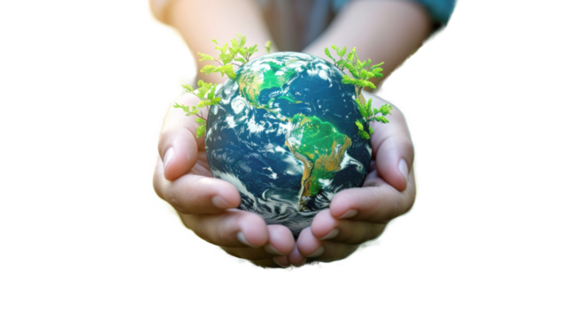green planet earth with nature and trees in hands,png