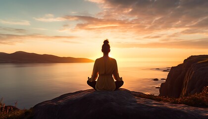 A peaceful scene of a woman meditating on a cliff during a vibrant sunset, overlooking a calm ocean and distant hills under a serene sky. practicing yoga background