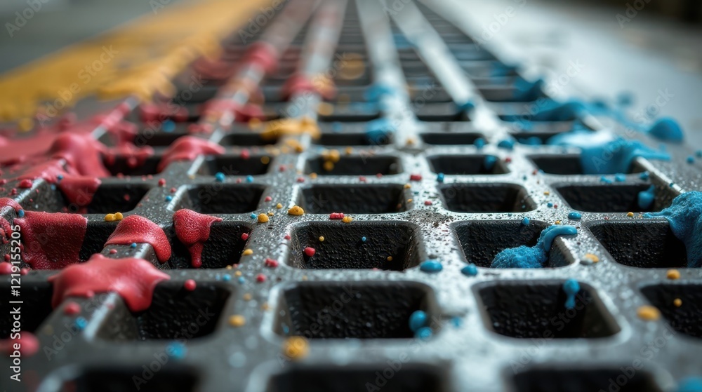 Aufkleber abstract grid with vibrant spilled paint showing textural detail and color contrast