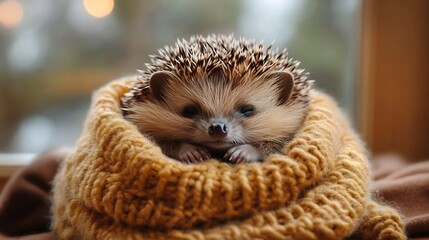 A hedgehog curled up in a small