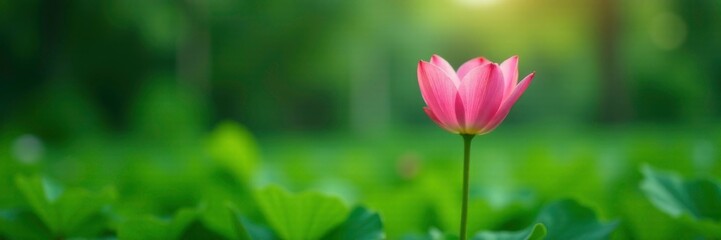 Fototapeta premium A single stem of pink lily rises from a bed of green leaves, simple, plant