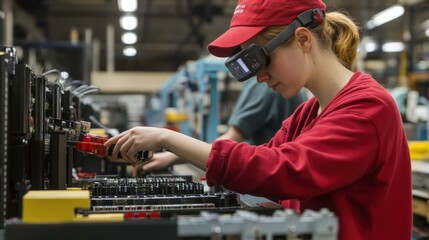 A focused assembly worker uses AR glasses that overlay critical part numbers and specifications directly onto the components they are handling streamlining the identification process.