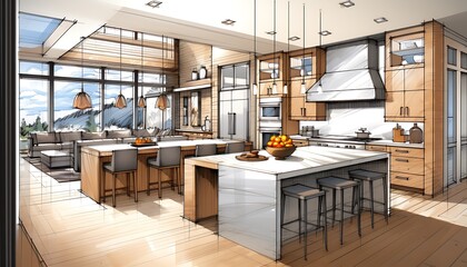 Modern kitchen sketch with spacious design, large windows offering natural light, a central island, and sleek wood cabinetry for a warm, elegant touch.