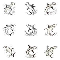 hammer fish, vintage black ink hand drawn illustration  art