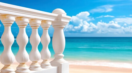 Serene Coastal View: White Balustrade Overlooking Tranquil Beach and Azure Ocean