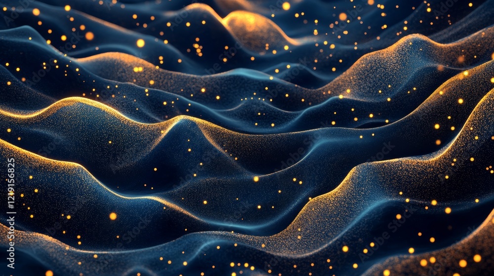Poster digital abstract wave background with blue tones and golden shimmering particles, featuring a futuri