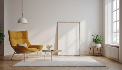 mock up poster frame in modern interior background, living room, Scandinavian style, 3D render, 3D illustration,Interior poster mock up with horizontal empty wooden frame,Scandinavian style,834