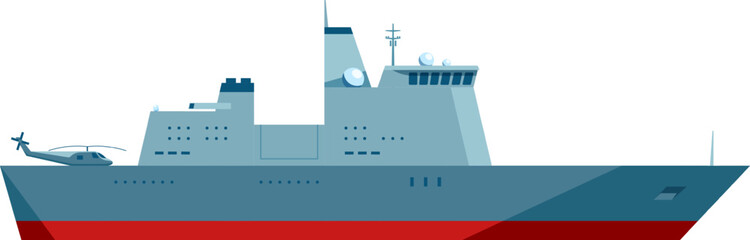 Illustration of a modern naval warship with a helicopter on its deck. The vessel features advanced radar systems and a sleek design, highlighting its military capabilities