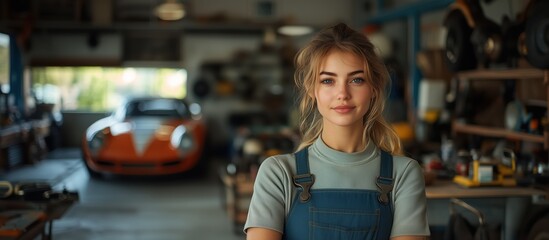Female auto mechanic standing confidently near vintage sports car, wearing professional work attire in repair workshop