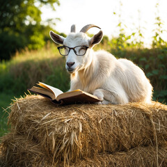 goat on the farm wearing glasses with reading book