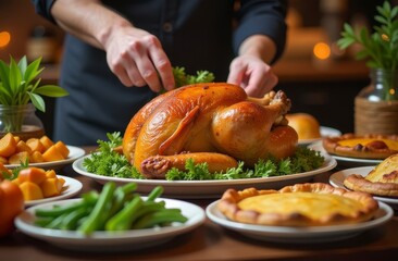 Thanksgiving dinner preparation with roast turkey and side dishes in cozy setting