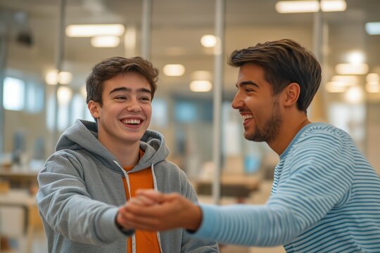 Two young men happily interacting indoors at school. One student with Down syndrome. Smiling, holding hands. Man could mentor teacher. Atmosphere joyful, celebratory. Success shared. Diversity,