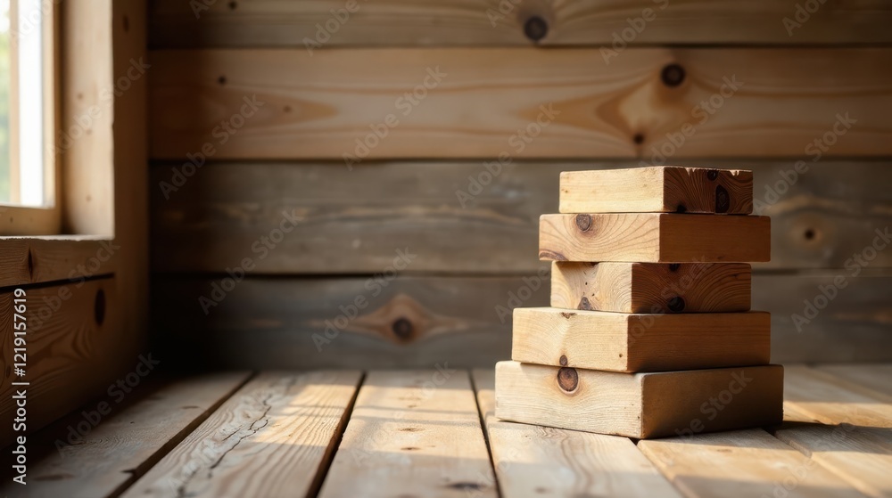 Poster a stack of unfinished wooden blocks sits on a rustic wooden surface, bathed in sunlight streaming fr