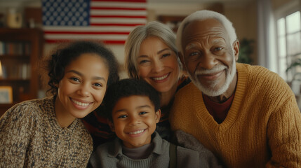 Fototapeta premium An American family of different generations smiling, looking into the frame, symbolizing traditional family values. In the background is the American flag. America, democracy, freedom of speech.