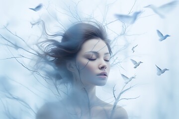 A serene female portrait blends with flowing branches and birds in a misty, dreamlike winter atmosphere, evoking peace and elegance.