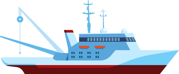 Fototapeta premium Illustration of a modern fishing vessel featuring advanced equipment, including radar and cranes. The design highlights the ship s functionality and sleek, streamlined structure