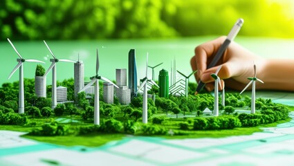 Green cityscape, eco-friendly urban planning, wind turbines, solar panels, sustainable architecture, hand drawing with marker, 3D pop-up illustration, renewable energy concept, futuristic metropolis, 