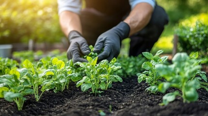 Close up gardener hand planting sprout with the Green lettuce in fertile soil. For the organic plant agriculture concept. High quality photo.