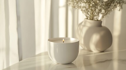 Mock up of clean white candle on marble surface natural light atmosphere minimalist home decor concept