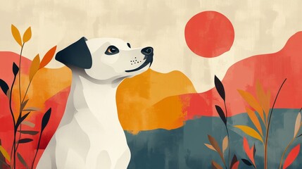 Minimalist dog in vibrant abstract landscape design for modern decor