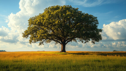 Fototapeta premium A lone tree stands in a grassy field under a cloudy sky