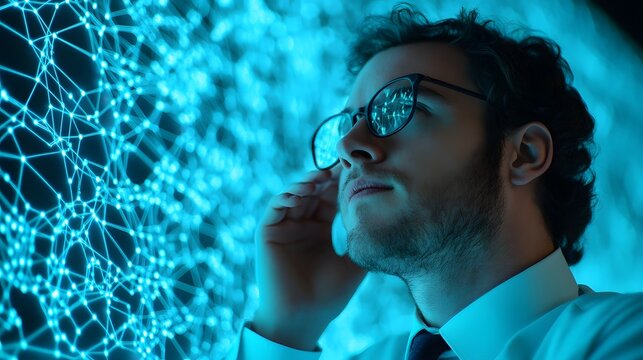 Businessman Analyzing High-Tech Network Connections on Glowing Display