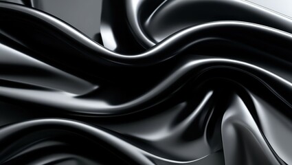 Fototapeta premium Sleek black satin fabric, smooth flowing curves, glossy textile texture, abstract wave pattern, luxurious dark material, close-up detail, soft folds and ripples, elegant drapery, monochromatic design,