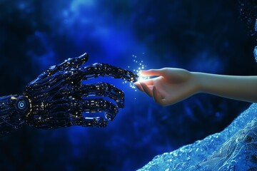 Robot and human hand. Ai concept background. 
