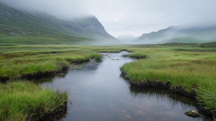 Serene Misty Landscape with Stream and Lush Green Grasslands