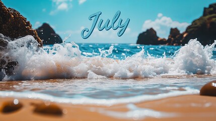 Dynamic Ocean Wave Crashing on Sandy Beach Under Clear Blue Sky Creating a Refreshing Summer Scene