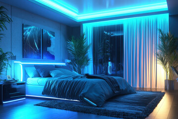 Modern illuminated bedroom featuring vibrant neon lighting and futuristic decor.