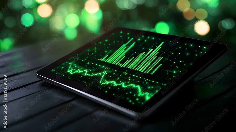 Poster futuristic graphs and data visuals on tablet screen for business analytics