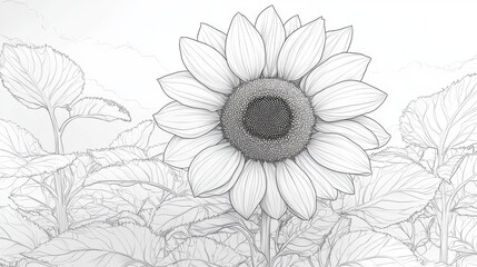 Stylized line drawing of a sunflower in a summer field design for art projects