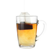 Cup with teabag isolated on white. Brewing aromatic tea