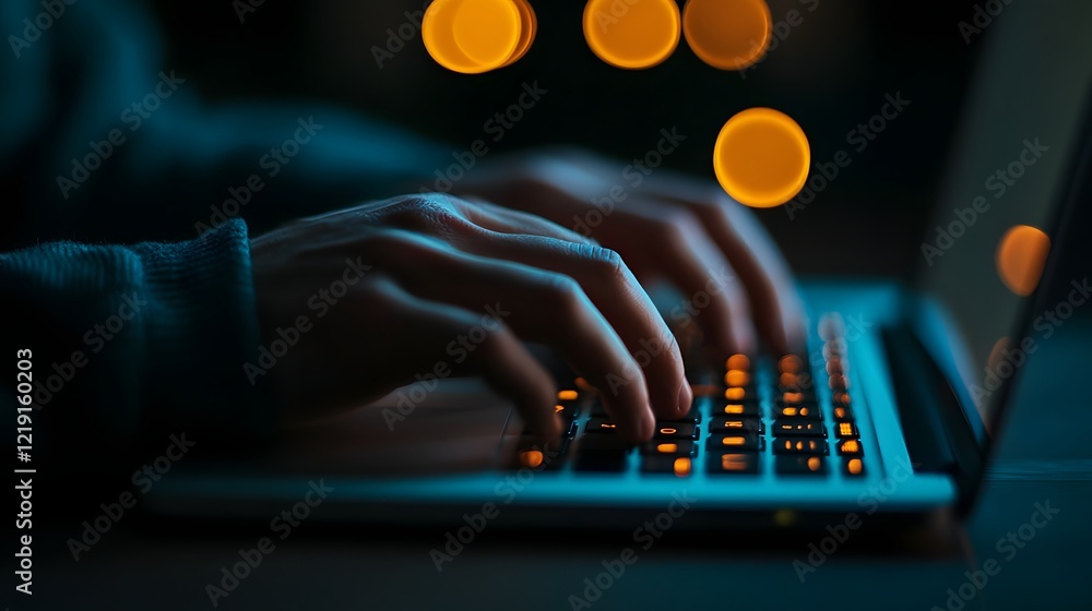 Aufkleber hands typing on laptop with glowing data points symbolizing digital innovation