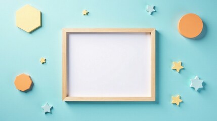 Pastel Shapes and Blank Frame on Light Blue Background A Simple, Minimalist Design for Your Message