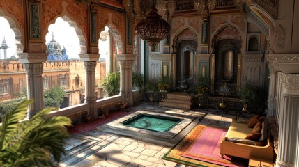 Obraz premium Palace Courtyard Relaxation Sunlit Indian architectural interior with pool, city view, and plush seating
