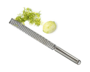 Lime zest, grater and fresh fruit isolated on white, top view