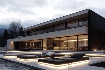 Obraz premium Experience the elegance of a sleek residence enhanced by outdoor illumination.