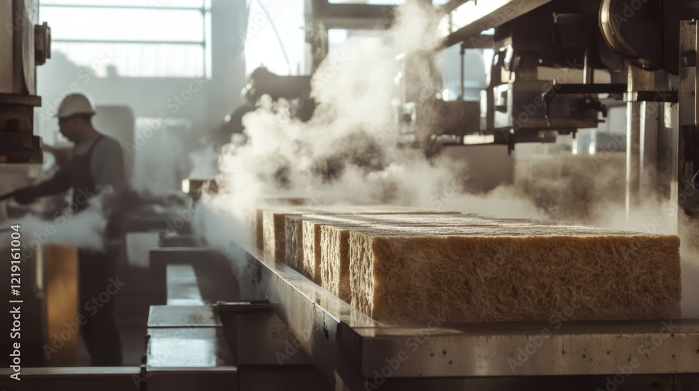 Poster closeup of an ecofriendly manufacturing process in action with steam rising from machines while work