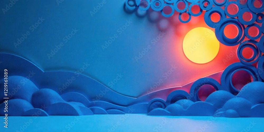Poster serene blue landscape with abstract circular elements and a warm sunset glow