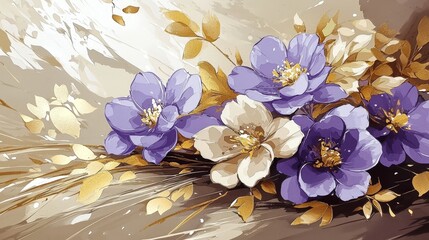 Captivating gouache painting featuring vibrant purple flowers and shimmering gold leaves.