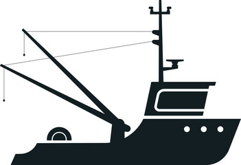 Black silhouette of a fishing trawler with rigging, winch, and radar, isolated on a white background, representing commercial fishing and maritime industries