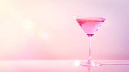 Elegant pink martini in sleek glass, glowing softly against pastel gradient background. Concept of refined cocktails, summer drinks, relax, romantic ambiance and chic minimalist aesthetics. Copy space