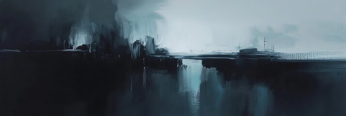 An abstract cityscape painting in monochrome. 