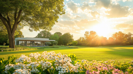Obraz premium Serene Sunset Garden: A picturesque landscape unfolds at sunset, showcasing a modern pavilion nestled amidst a vibrant garden bursting with flowers and lush green lawns.